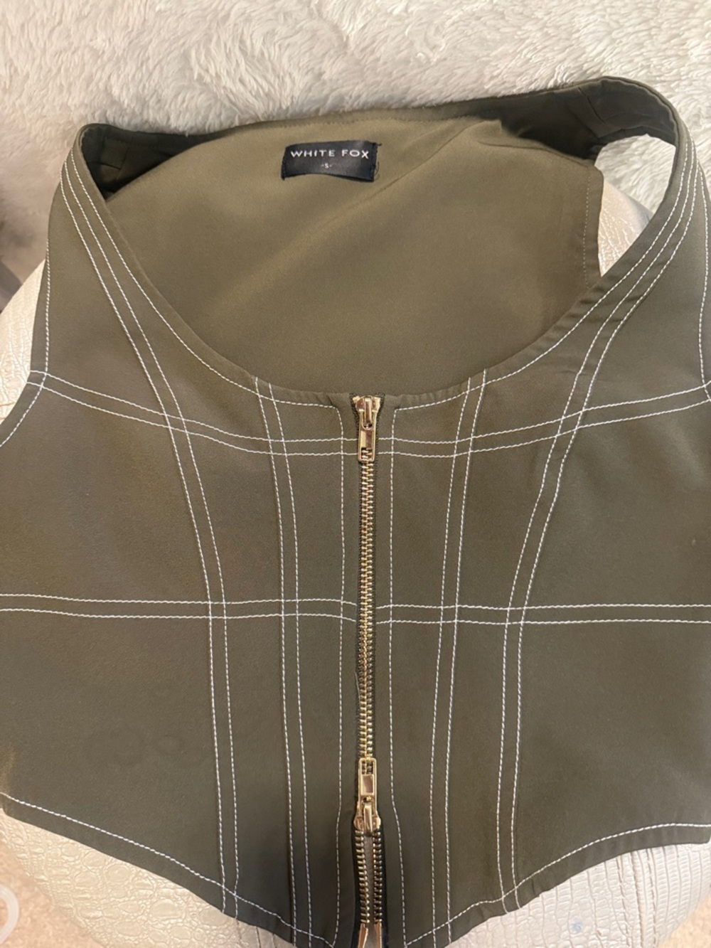 White Fox Boutique Olive Green Zip-Front Vest with White Topstitching